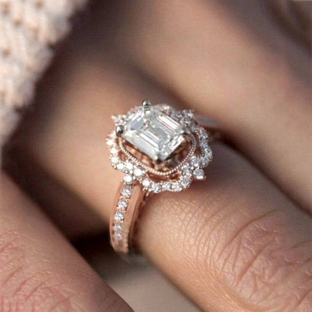 New Regency Bridgeton Era 14k Rose Gold 925 Silver Emerald Cut Diamond Ring
